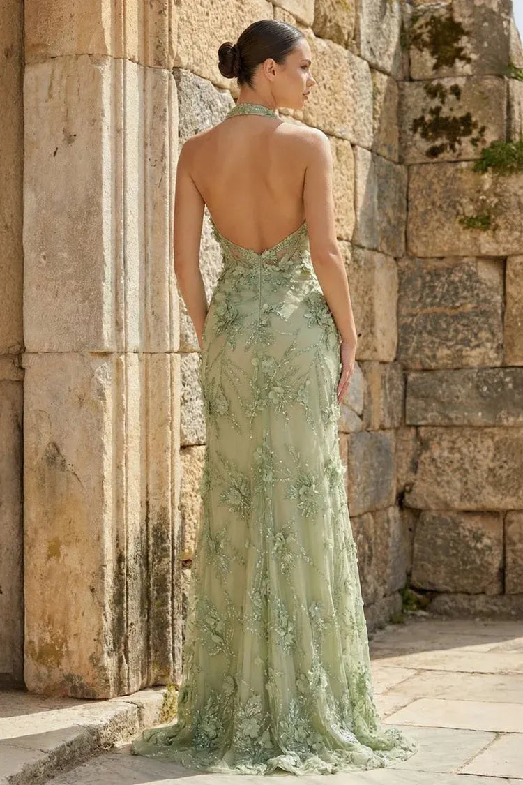 Romantic Halter V-Neck 3D Floral Beaded High Slit Mermaid Maxi Dress