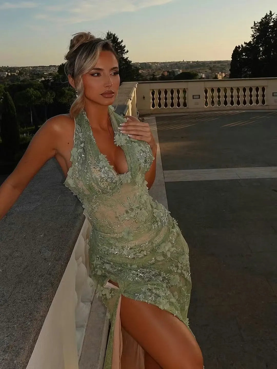 Romantic Halter V-Neck 3D Floral Beaded High Slit Mermaid Maxi Dress