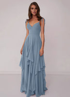 Romantic High Low Chiffon V Neck Spaghetti Strap Lace Up Back Floor Length Bridesmaid Dress