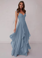 Romantic High Low Chiffon V Neck Spaghetti Strap Lace Up Back Floor Length Bridesmaid Dress