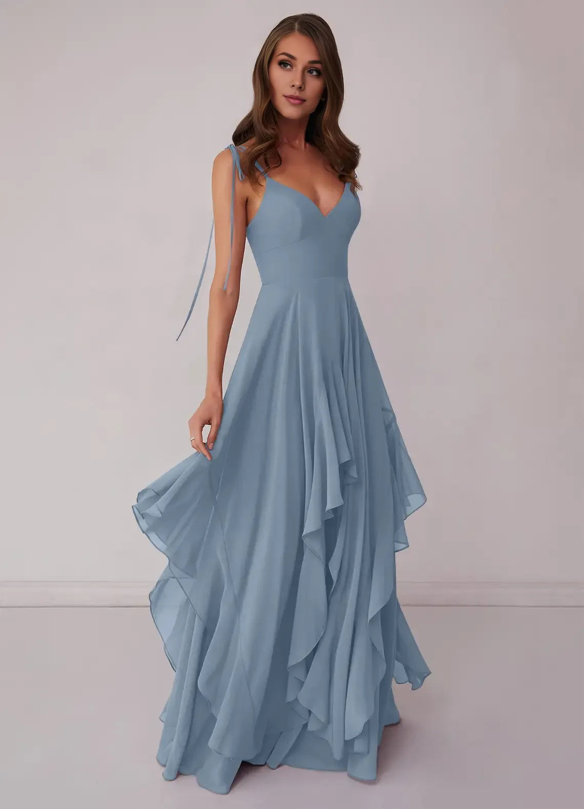Romantic High Low Chiffon V Neck Spaghetti Strap Lace Up Back Floor Length Bridesmaid Dress