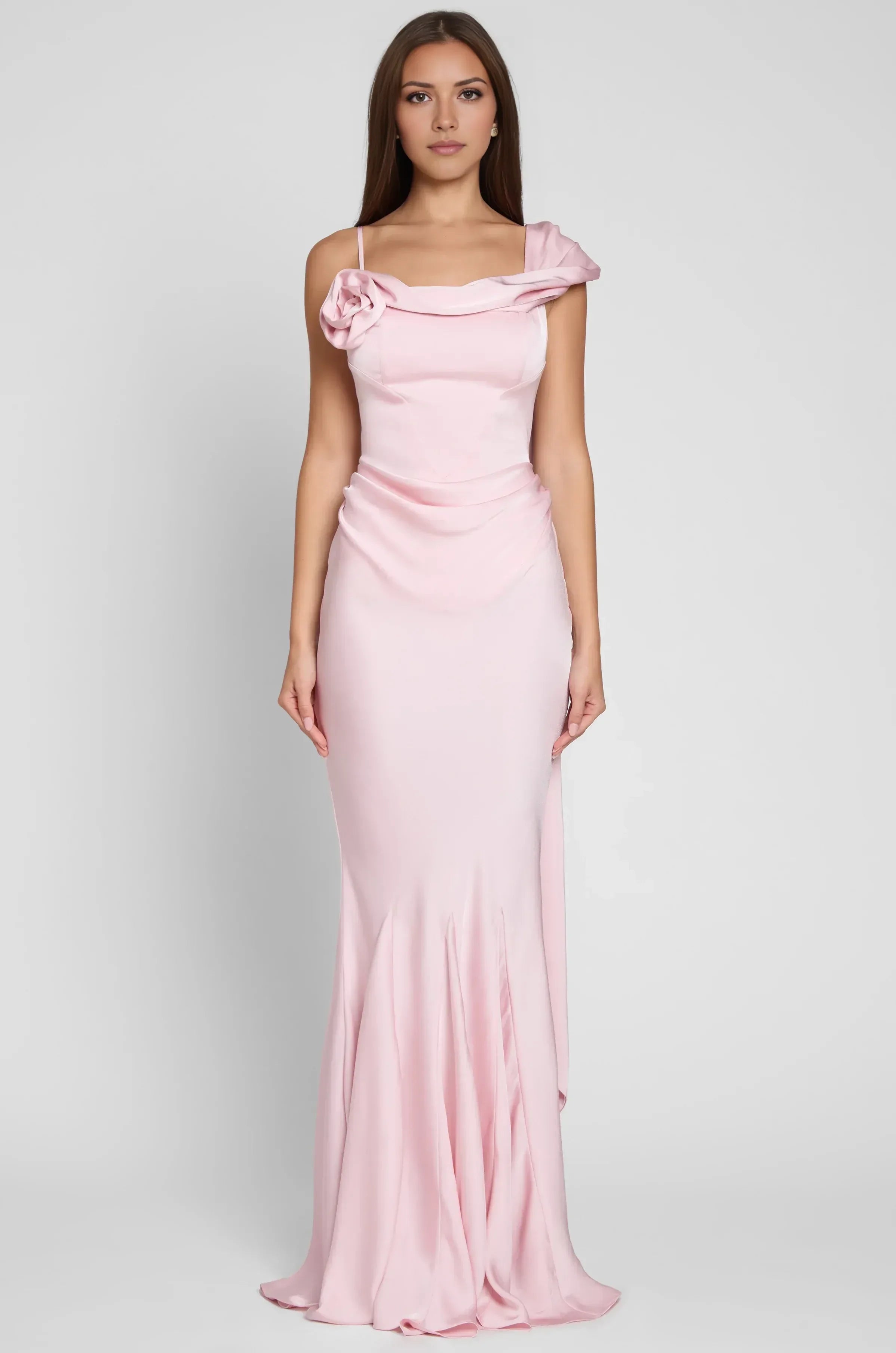Romantic Mermaid Asymmetric Neck Sleeveless Floral Accent Floor Length Prom Dress