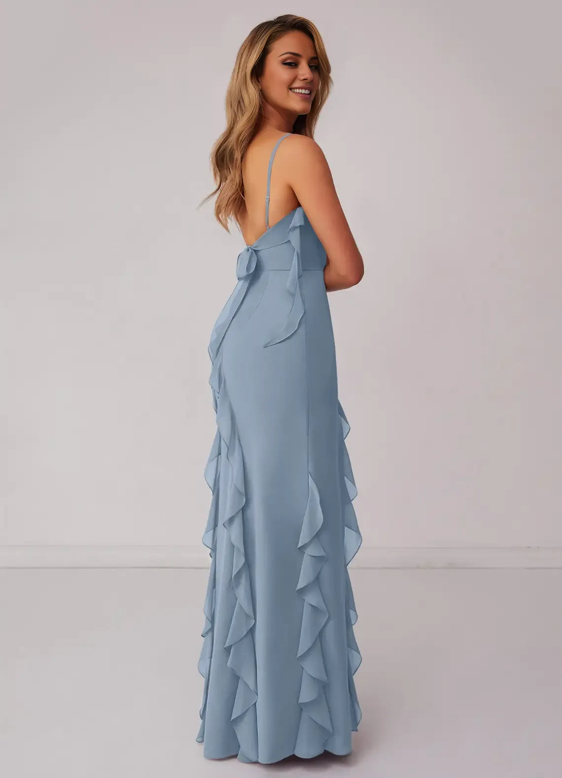 Romantic Mermaid Chiffon Square Neck Sleeveless Bow Back Floor Length Bridesmaid Dress