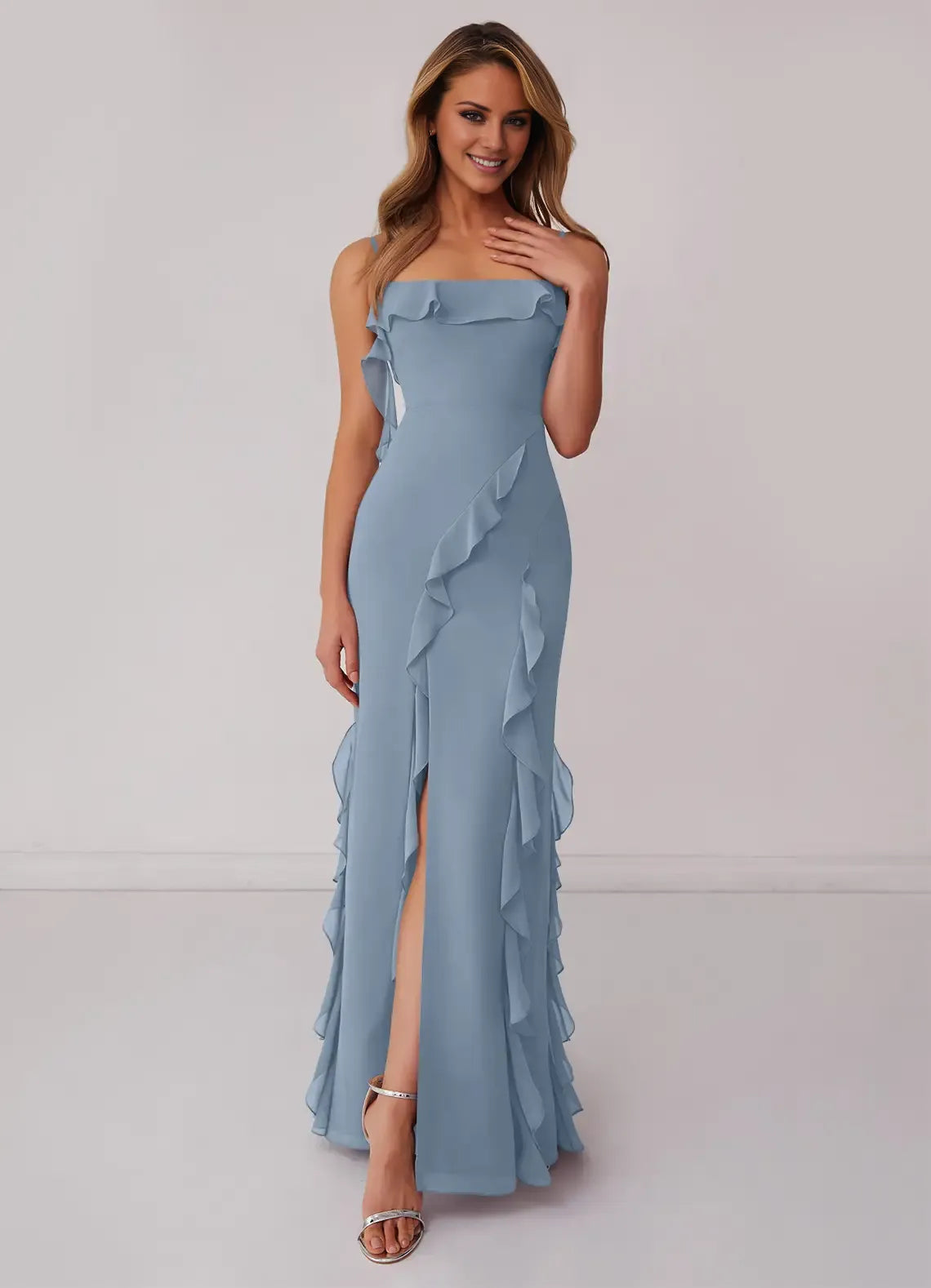 Romantic Mermaid Chiffon Square Neck Sleeveless Bow Back Floor Length Bridesmaid Dress