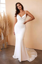 Romantic Mermaid Cowl Neck Spaghetti Strap Bow Back Floor Length Prom Dress