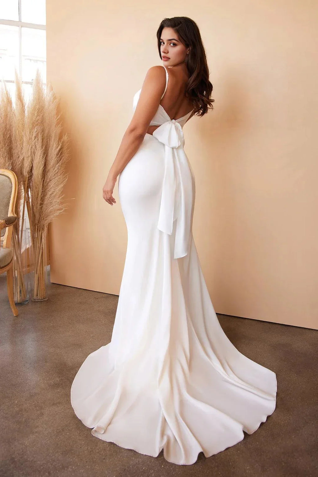 Romantic Mermaid Cowl Neck Spaghetti Strap Bow Back Floor Length Prom Dress