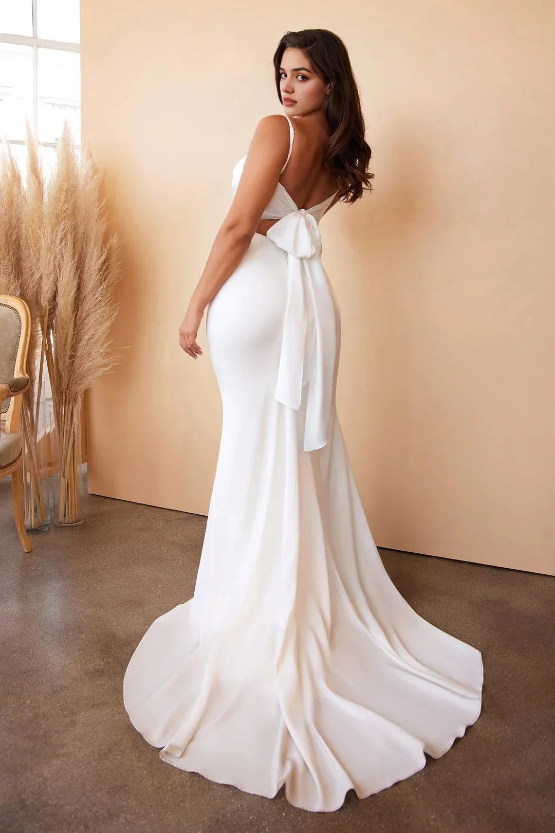 Romantic Mermaid Cowl Neck Spaghetti Strap Bow Back Floor Length Prom Dress