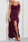 Romantic Mermaid Deep V Neck Spaghetti Strap Open Back Ruffled Slit Floor Length For Adults Prom Dress