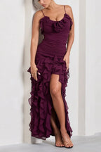 Romantic Mermaid Deep V Neck Spaghetti Strap Open Back Ruffled Slit Floor Length For Adults Prom Dress
