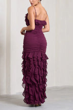 Romantic Mermaid Deep V Neck Spaghetti Strap Open Back Ruffled Slit Floor Length For Adults Prom Dress