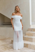 Romantic Mermaid Off Shoulder Sleeveless Sheer Hem Floor Length Prom Dress