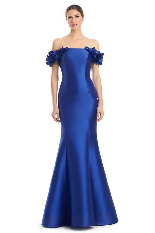 Romantic Mermaid Off-The-Shoulder Flower Sleeve Button Back Floor Length Prom Dress