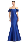 Romantic Mermaid Off-The-Shoulder Flower Sleeve Button Back Floor Length Prom Dress