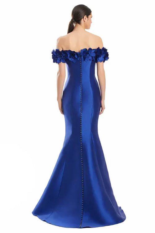 Romantic Mermaid Off-The-Shoulder Flower Sleeve Button Back Floor Length Prom Dress
