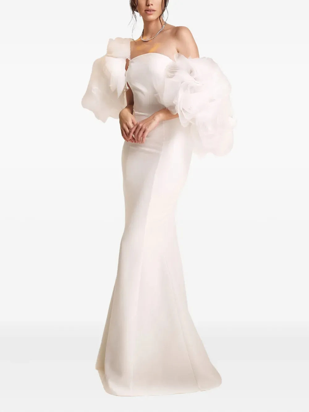 Romantic Mermaid Off-The-Shoulder Flower Sleeve Zipper Back Train Floor Length Prom Dress
