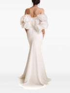 Romantic Mermaid Off-The-Shoulder Flower Sleeve Zipper Back Train Floor Length Prom Dress