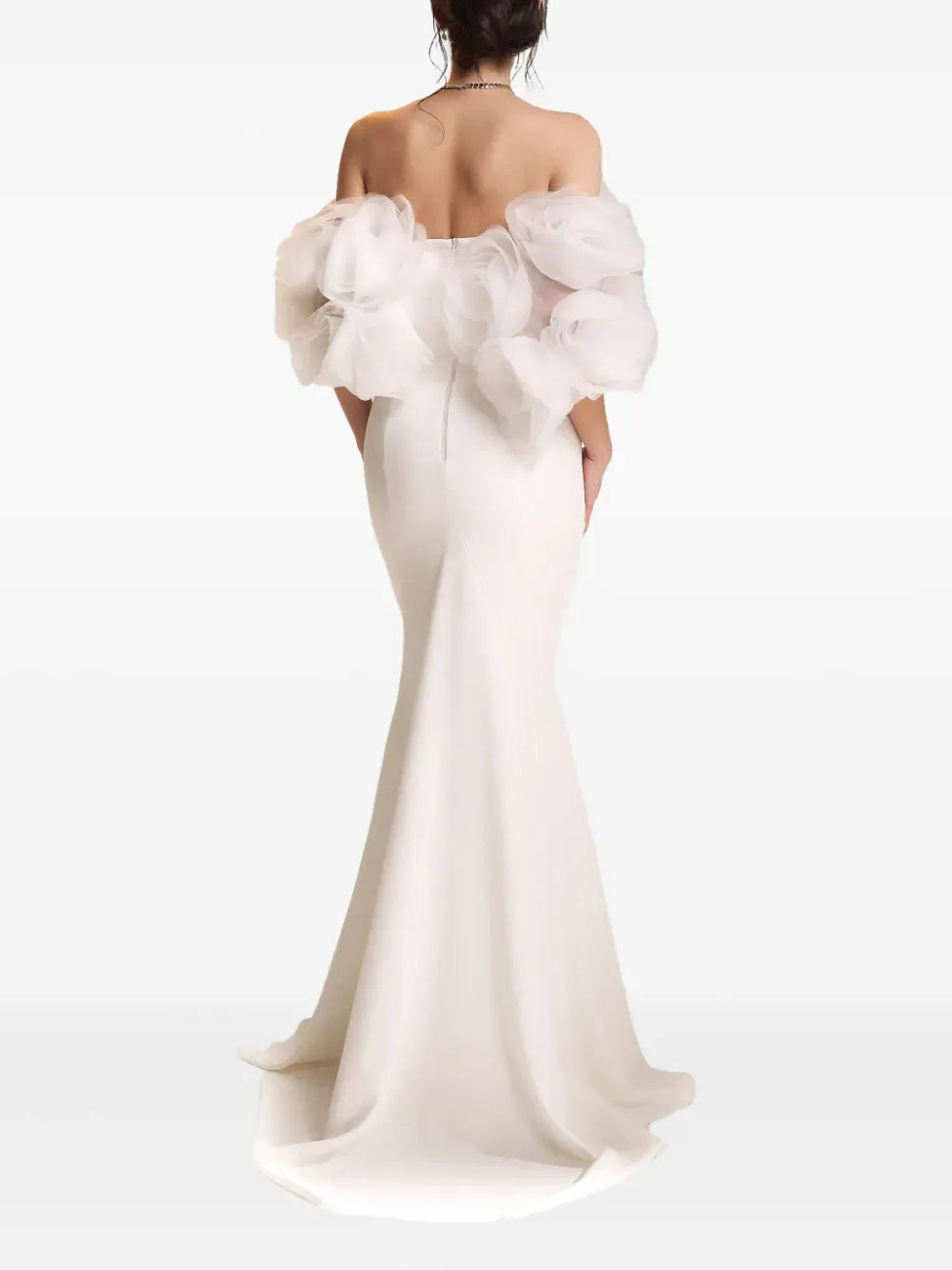 Romantic Mermaid Off-The-Shoulder Flower Sleeve Zipper Back Train Floor Length Prom Dress