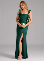 Romantic Mermaid Satin Sweetheart Ruffle Strap Lace Up Back Floor Length Bridesmaid Dress