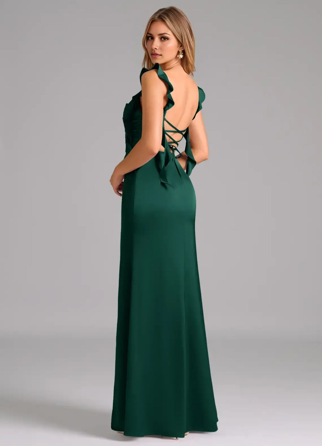 Romantic Mermaid Satin Sweetheart Ruffle Strap Lace Up Back Floor Length Bridesmaid Dress