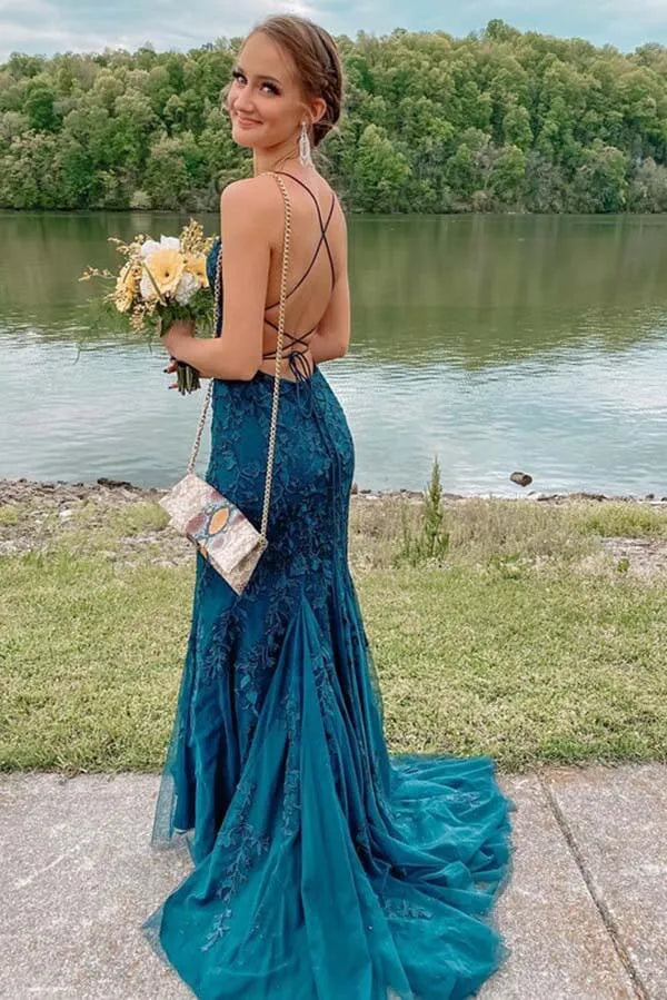 Romantic Mermaid Scoop Neck Spaghetti Strap Maxi Prom Dress