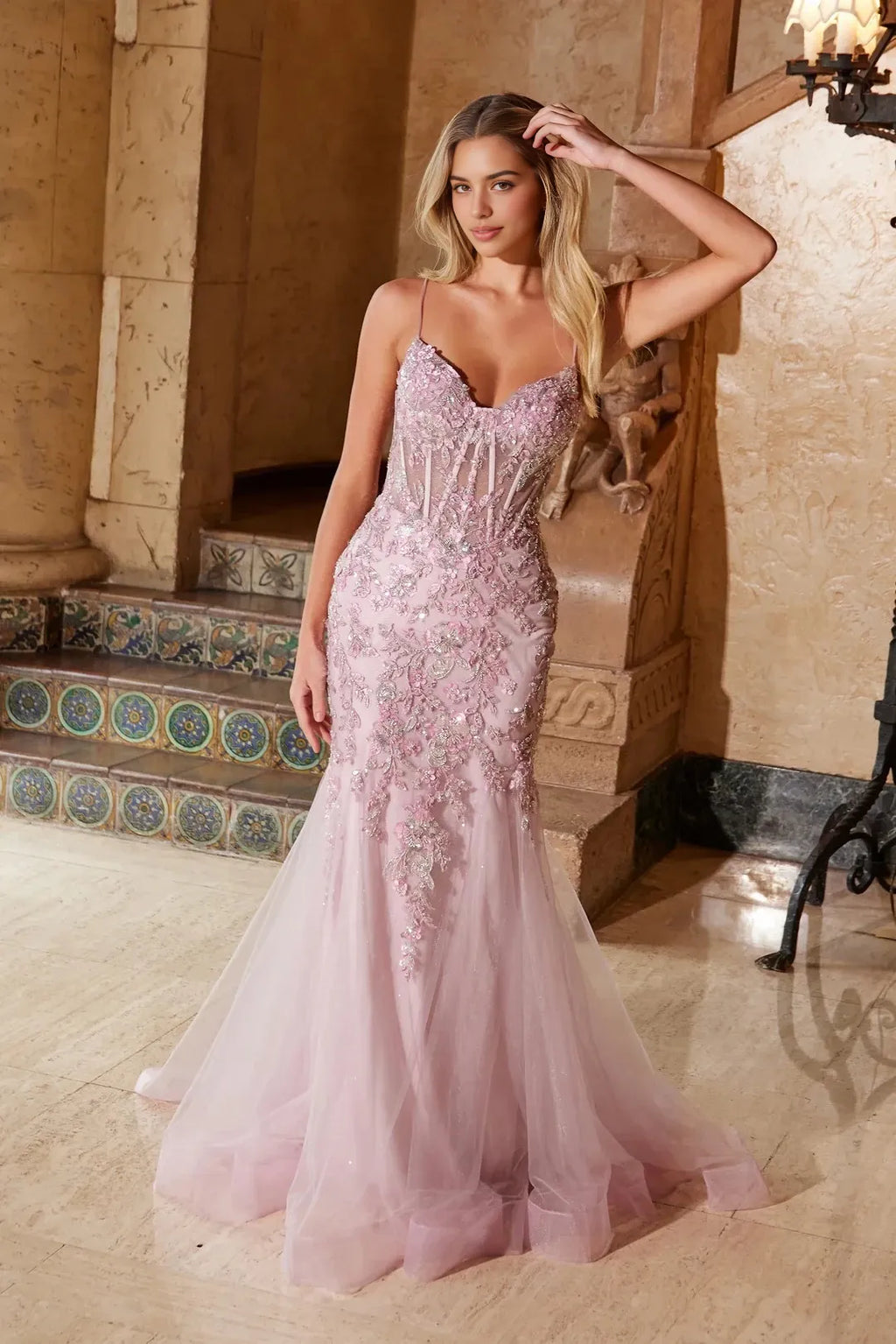 Romantic Mermaid Sweetheart Neck Spaghetti Strap Lace Up Back Train Length Evening Dress