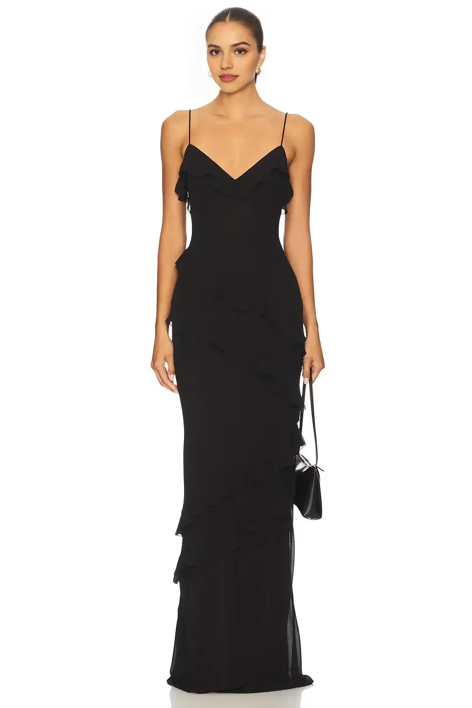 Romantic Mermaid V Neck Ruffle Sleeve Open Back Floor Length Evening Dress