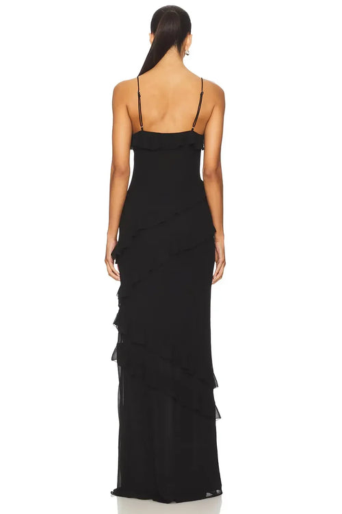 Robe de Soirée Sirène Romantique Col V Manches Volants Dos Ouvert Longueur Ras du Sol