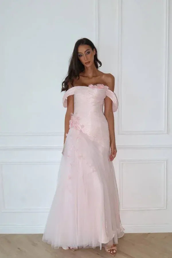 Romantic Off-the-Shoulder Corset 3D Flower A-Line Maxi Dress