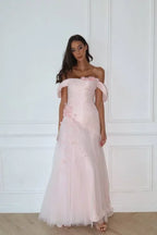 Romantic Off-the-Shoulder Corset 3D Flower A-Line Maxi Dress
