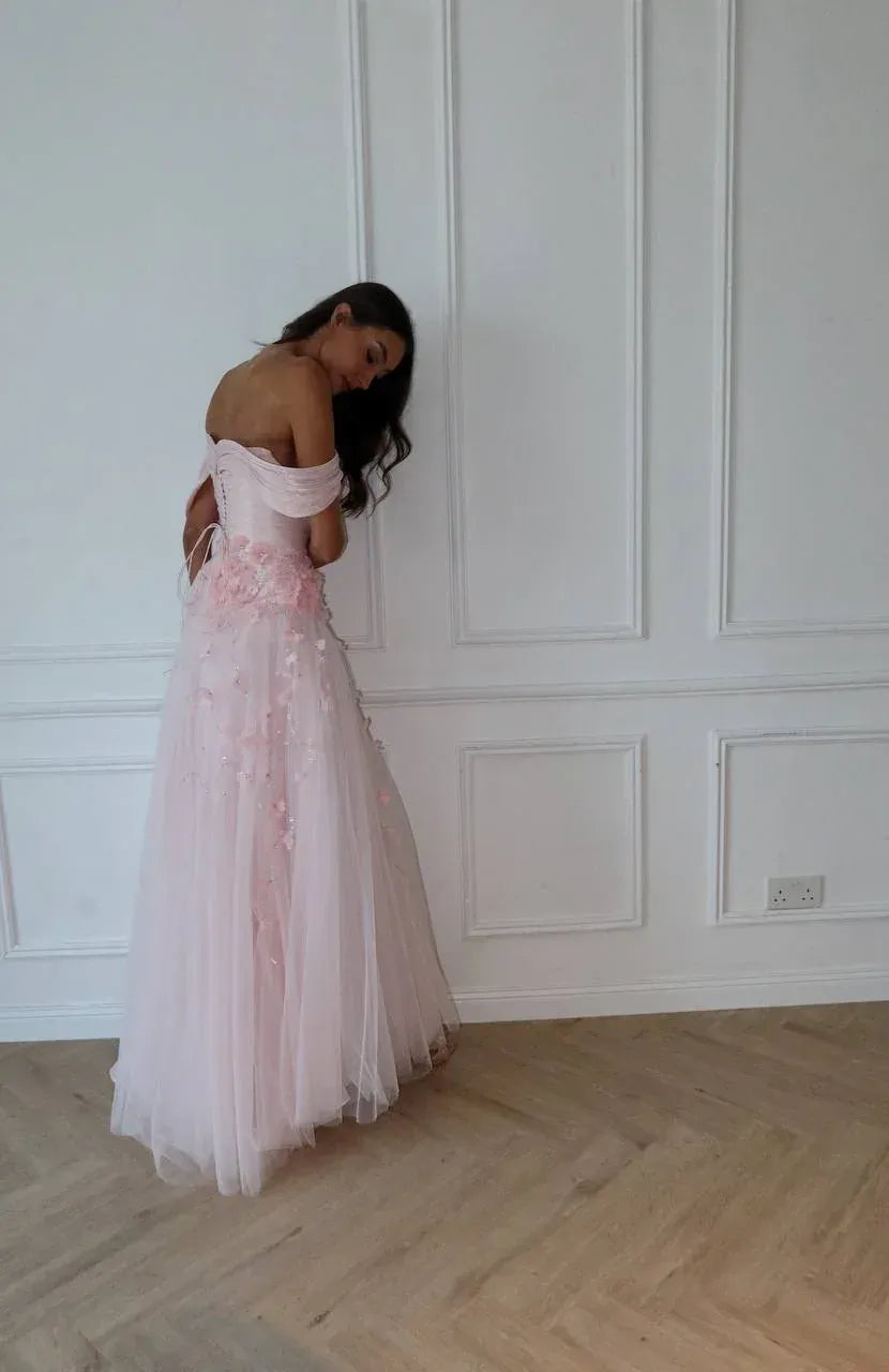 Romantic Off-the-Shoulder Corset 3D Flower A-Line Maxi Dress