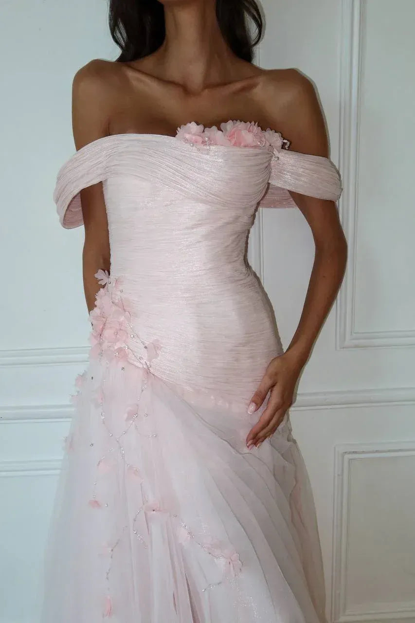 Romantic Off-the-Shoulder Corset 3D Flower A-Line Maxi Dress