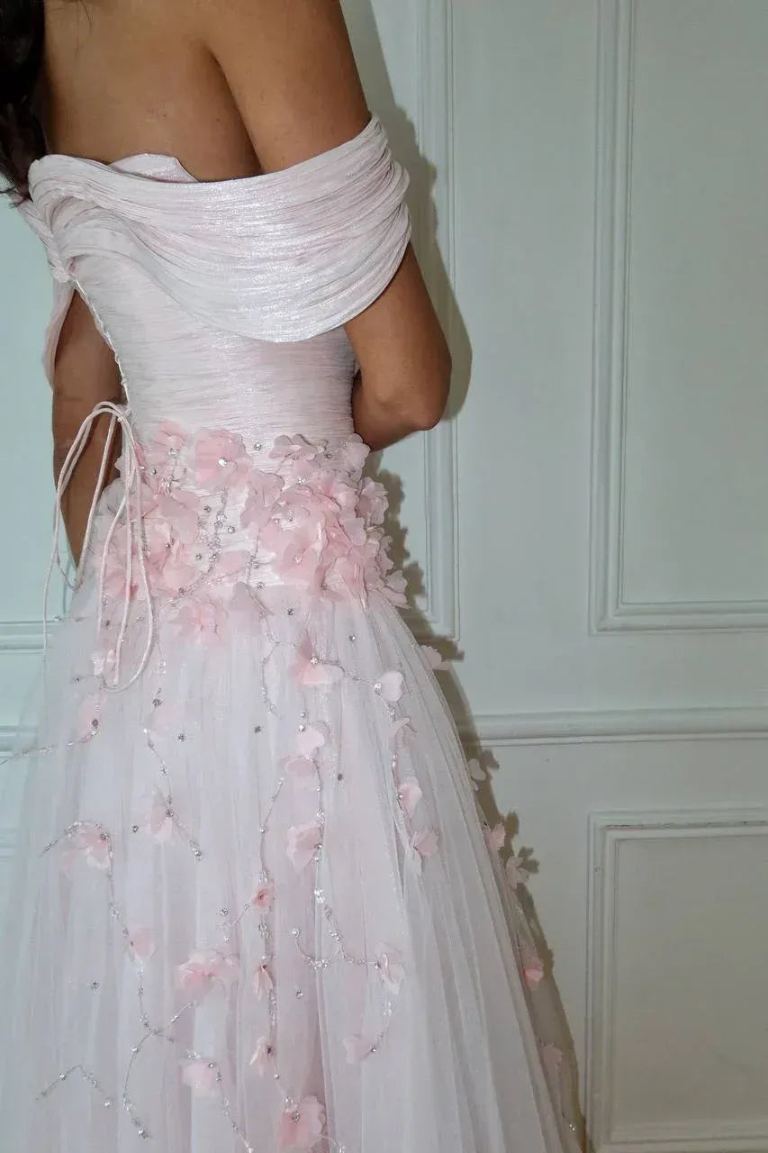 Romantic Off-the-Shoulder Corset 3D Flower A-Line Maxi Dress