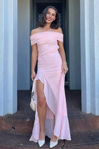 Romantic Off-the-Shoulder Ruffle High Slit Bridesmaid Maxi Dress