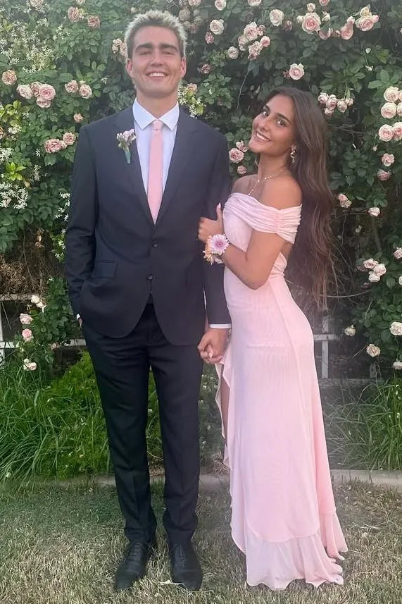 Romantic Off-the-Shoulder Ruffle High Slit Bridesmaid Maxi Dress