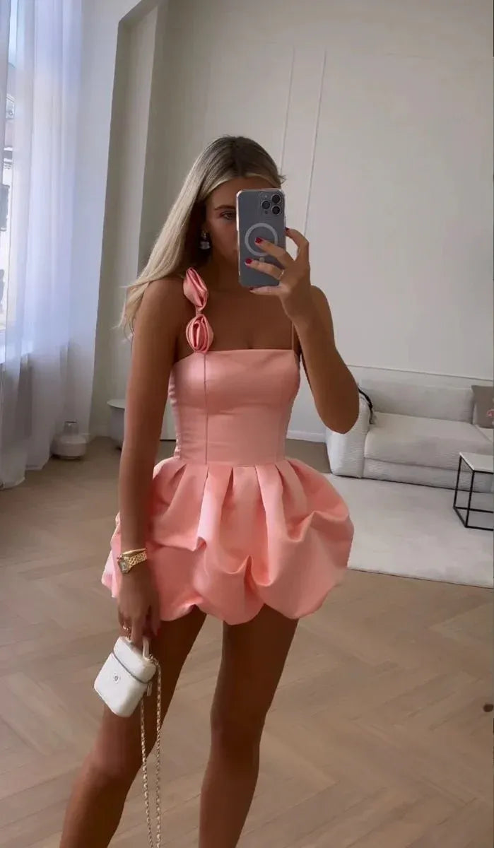 Romantic One Shoulder Bubble Hem Mini Dress with Bow