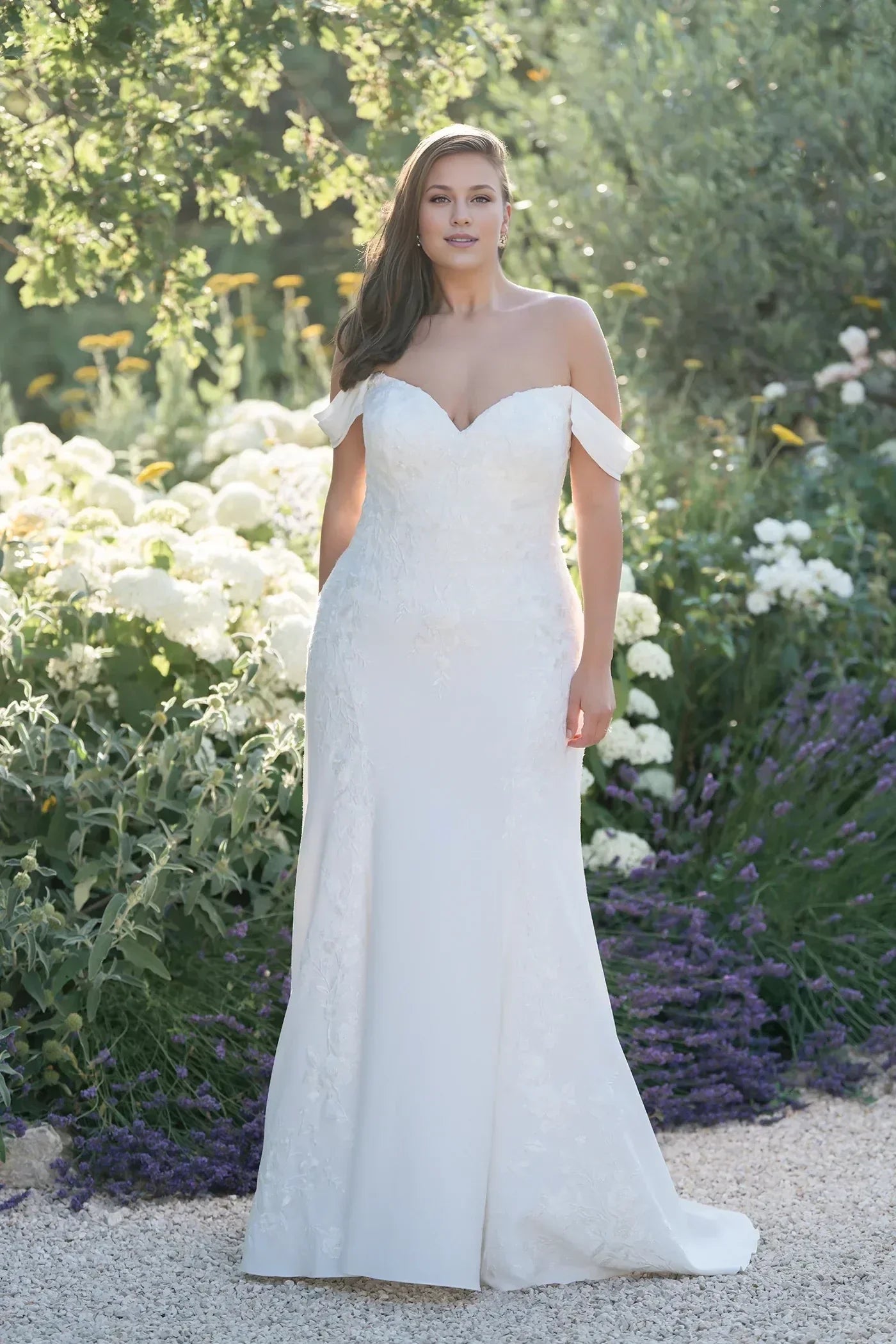 Romantic Plus Size Trumpet Off Shoulder Short Sleeve Button Back Floor Length Wedding Dress
