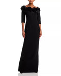 Romantic Rose Embellished Off Shoulder Three Quarter Sleeve Zipper Back Floor Length For Sale Prom Dress