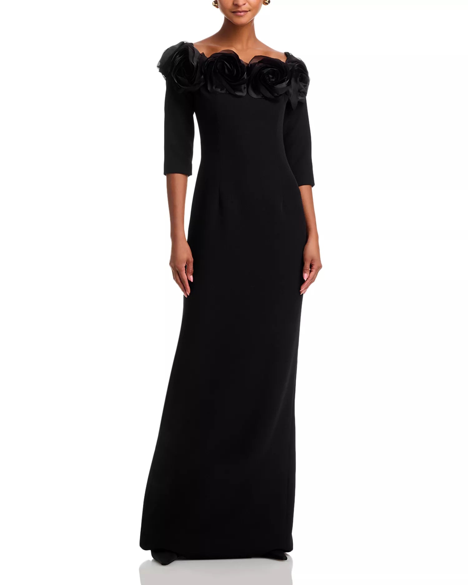Romantic Rose Embellished Off Shoulder Three Quarter Sleeve Zipper Back Floor Length For Sale Prom Dress
