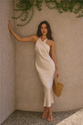 Romantic Sheath Asymmetric Neck Sleeveless Tie Back Midi Length Prom Dress