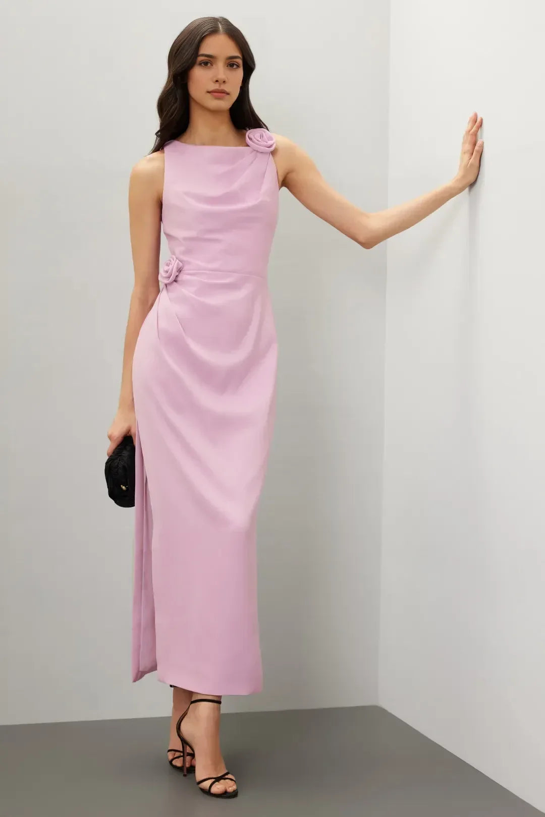 Romantic Sheath Asymmetrical Neck Sleeveless Floral Accent Floor Length Plus Size Prom Dress