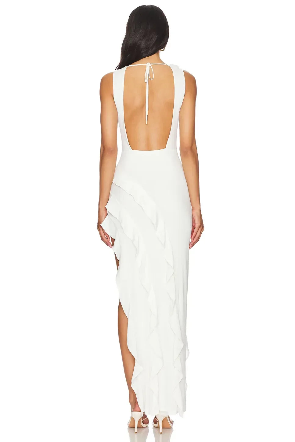 Romantic Sheath Boat Neck Sleeveless Ruffle Hem Open Back Floor Length Evening Dress