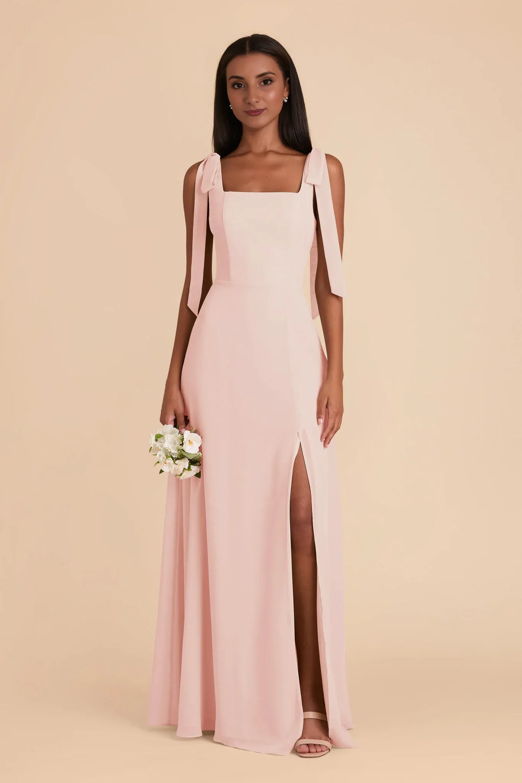 Romantic Sheath Chiffon Square Neck Bow Strap Open Back Floor Length Bridesmaid Dress