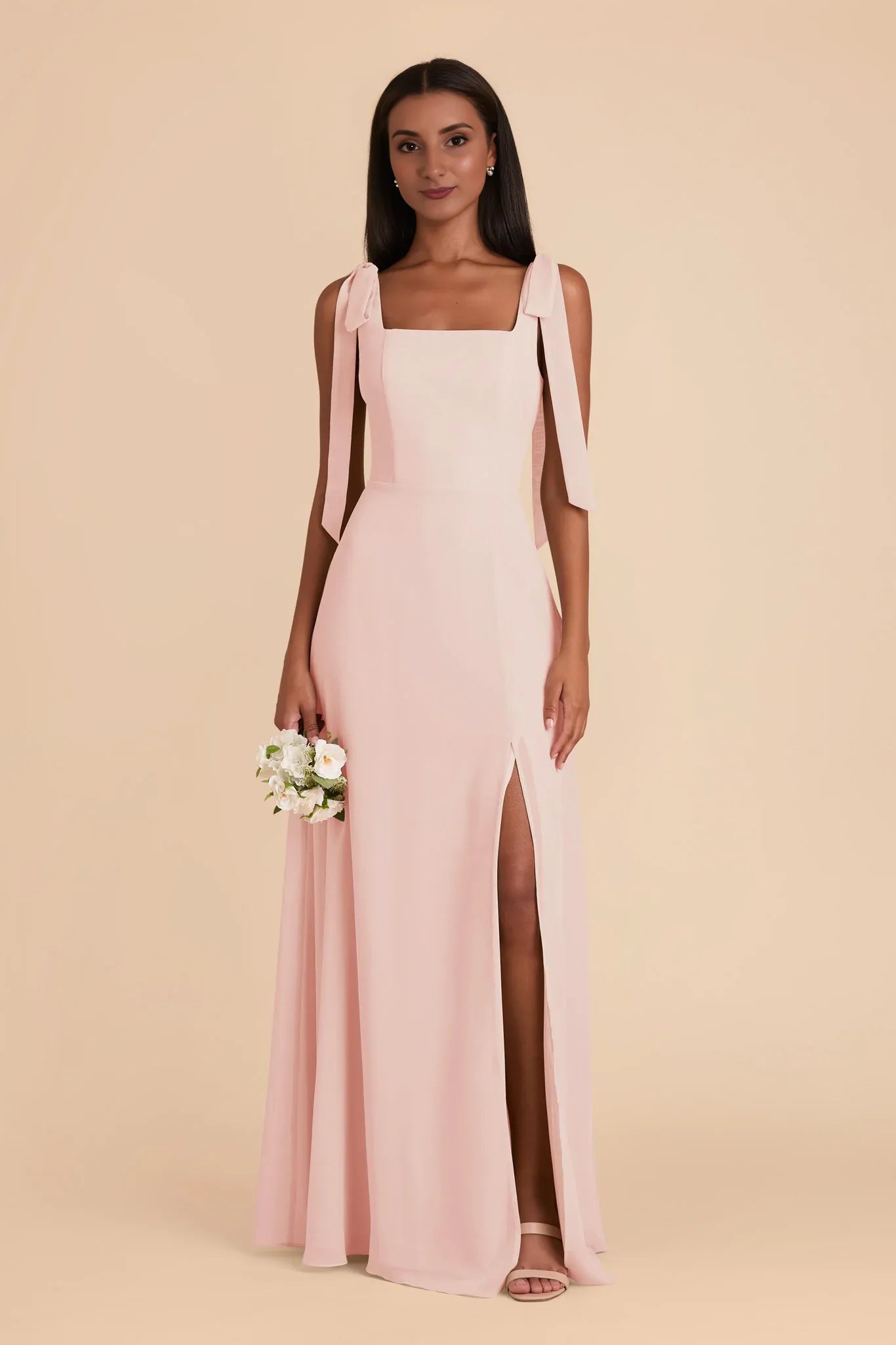 Romantic Sheath Chiffon Square Neck Bow Strap Open Back Floor Length Bridesmaid Dress