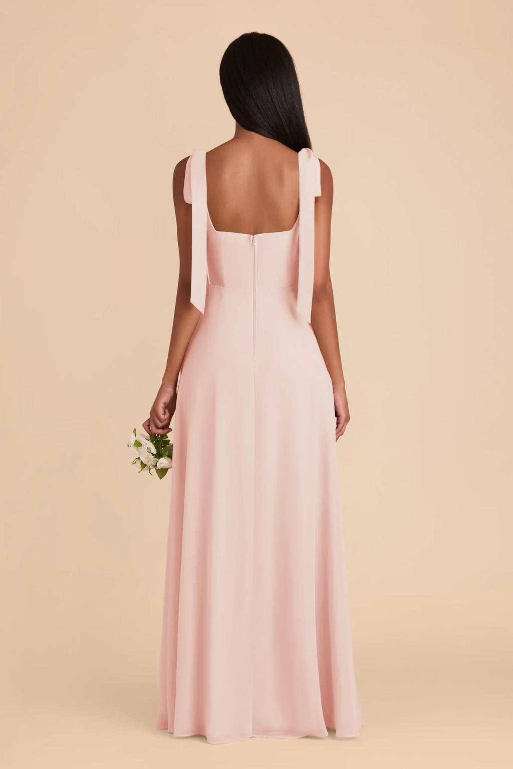 Romantic Sheath Chiffon Square Neck Bow Strap Open Back Floor Length Bridesmaid Dress