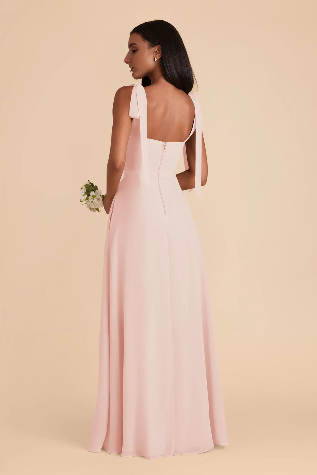 Romantic Sheath Chiffon Square Neck Bow Strap Open Back Floor Length Bridesmaid Dress