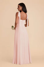 Romantic Sheath Chiffon Square Neck Bow Strap Open Back Floor Length Bridesmaid Dress