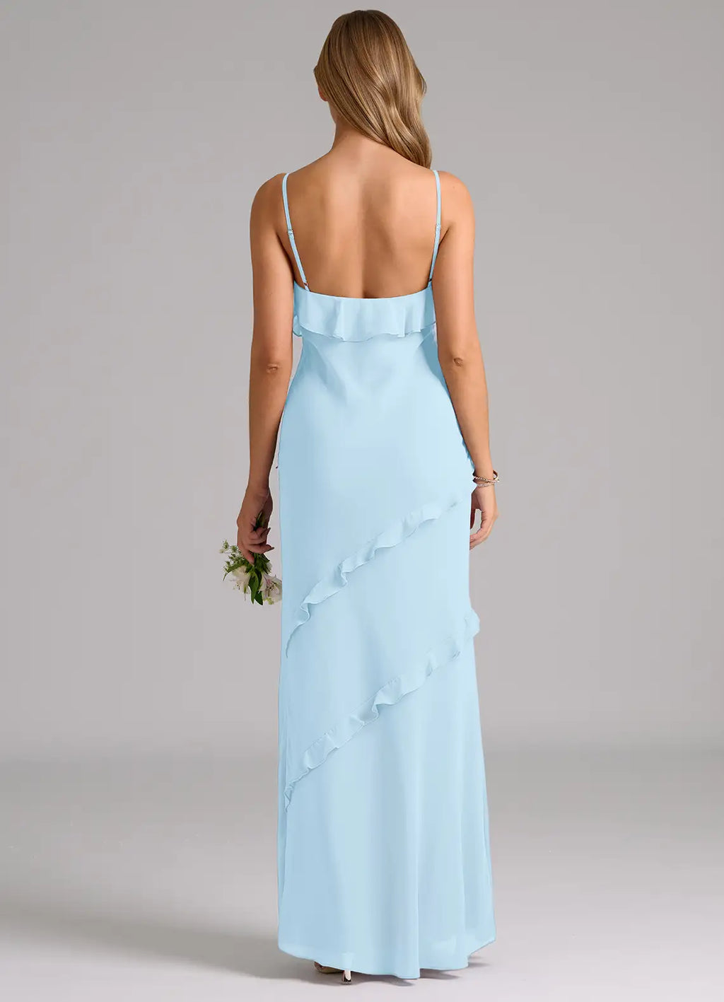 Romantic Sheath Chiffon V Neck Spaghetti Strap Ruffle Back Floor Length Bridesmaid Dress