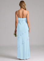 Romantic Sheath Chiffon V Neck Spaghetti Strap Ruffle Back Floor Length Bridesmaid Dress
