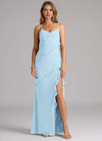Romantic Sheath Chiffon V Neck Spaghetti Strap Ruffle Back Floor Length Bridesmaid Dress