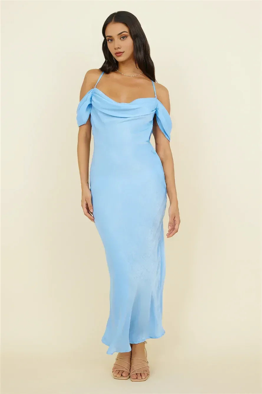 Romantic Sheath Cowl Neck Off Shoulder Tie Back Floor Length Prom Dress